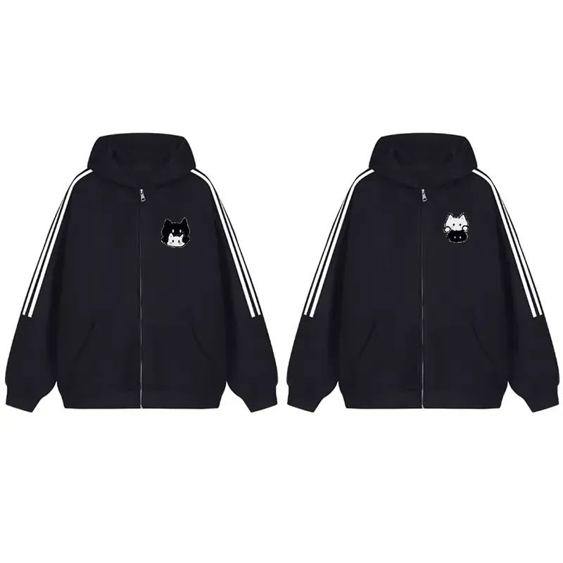 カップルペアルック 寄り添う白黒キャット ジップパーカー