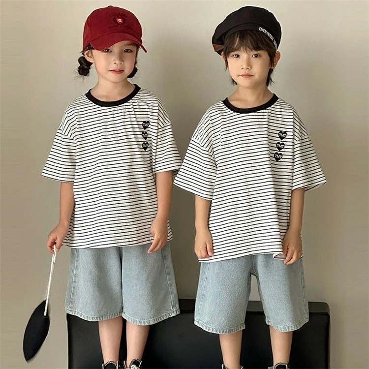 親子ペアルック 3連ハート×細ボーダー Tシャツ