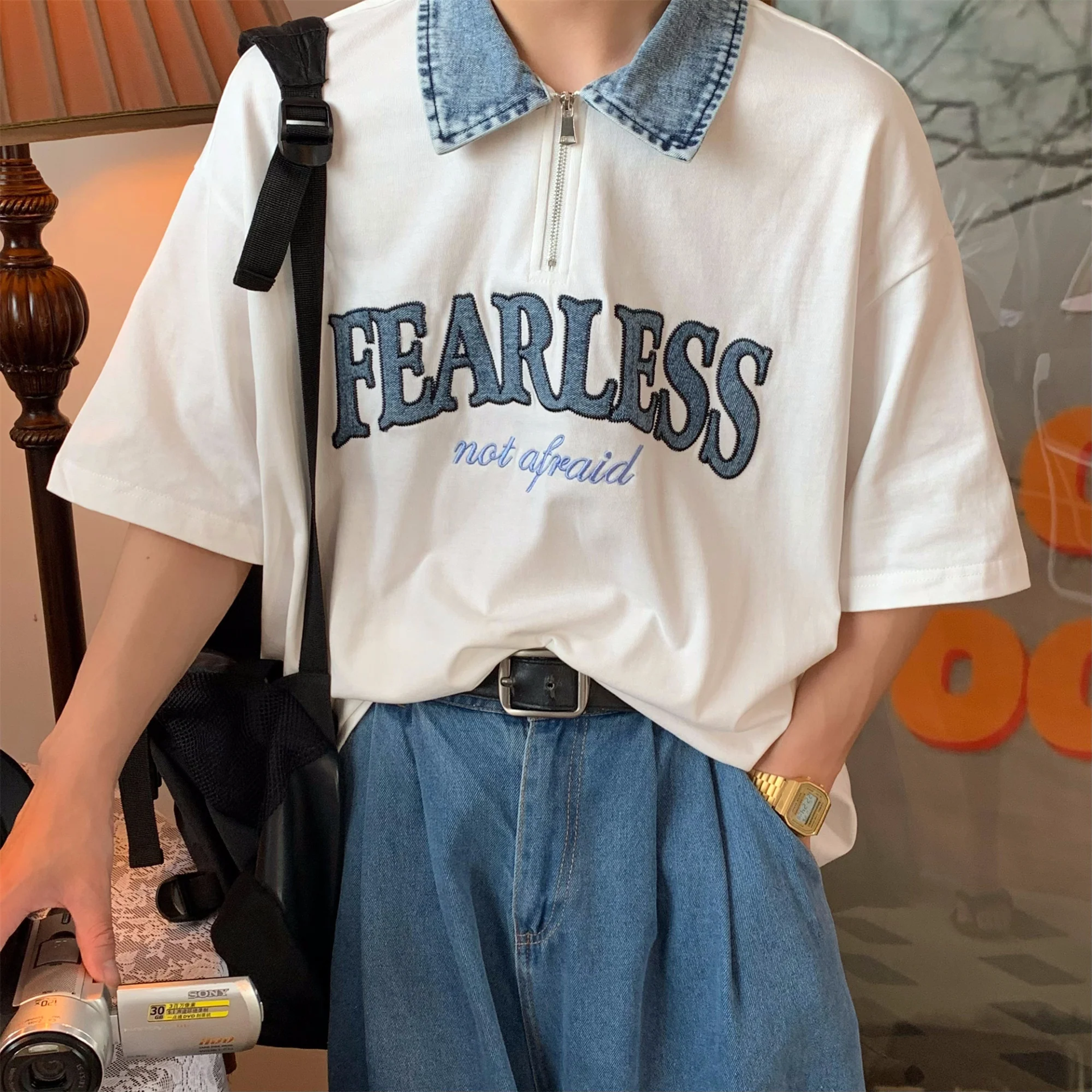 カップルペアルック デニム襟 FEARLESSロゴ ハーフジップシャツ