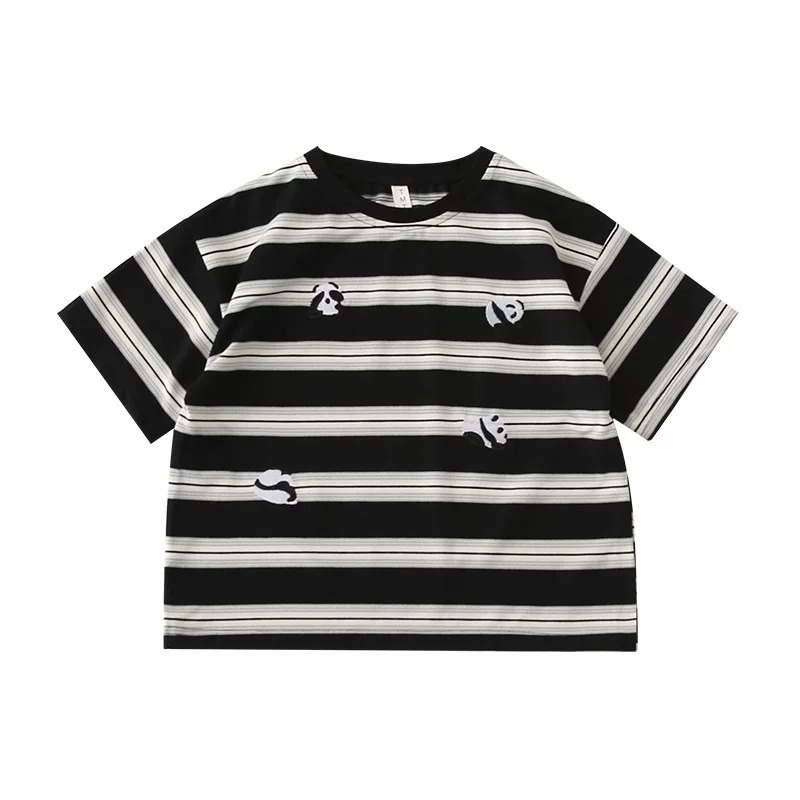 親子ペアルック ころころパンダのモノトーンボーダーTシャツ