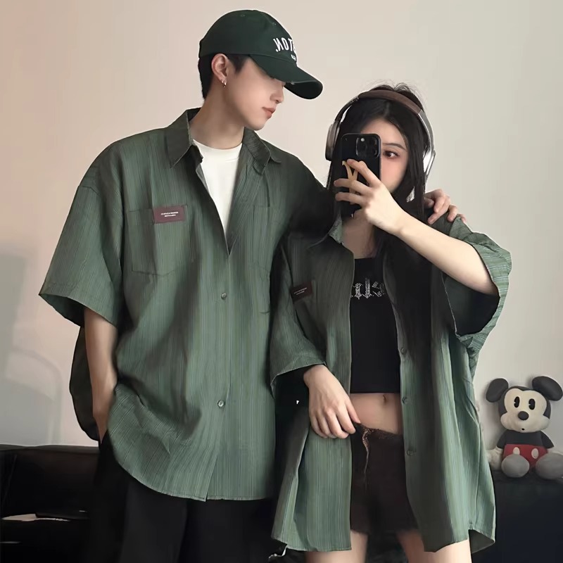 ペアルック ヴィンテージ風 モスグリーン ピンストライプ シャツ