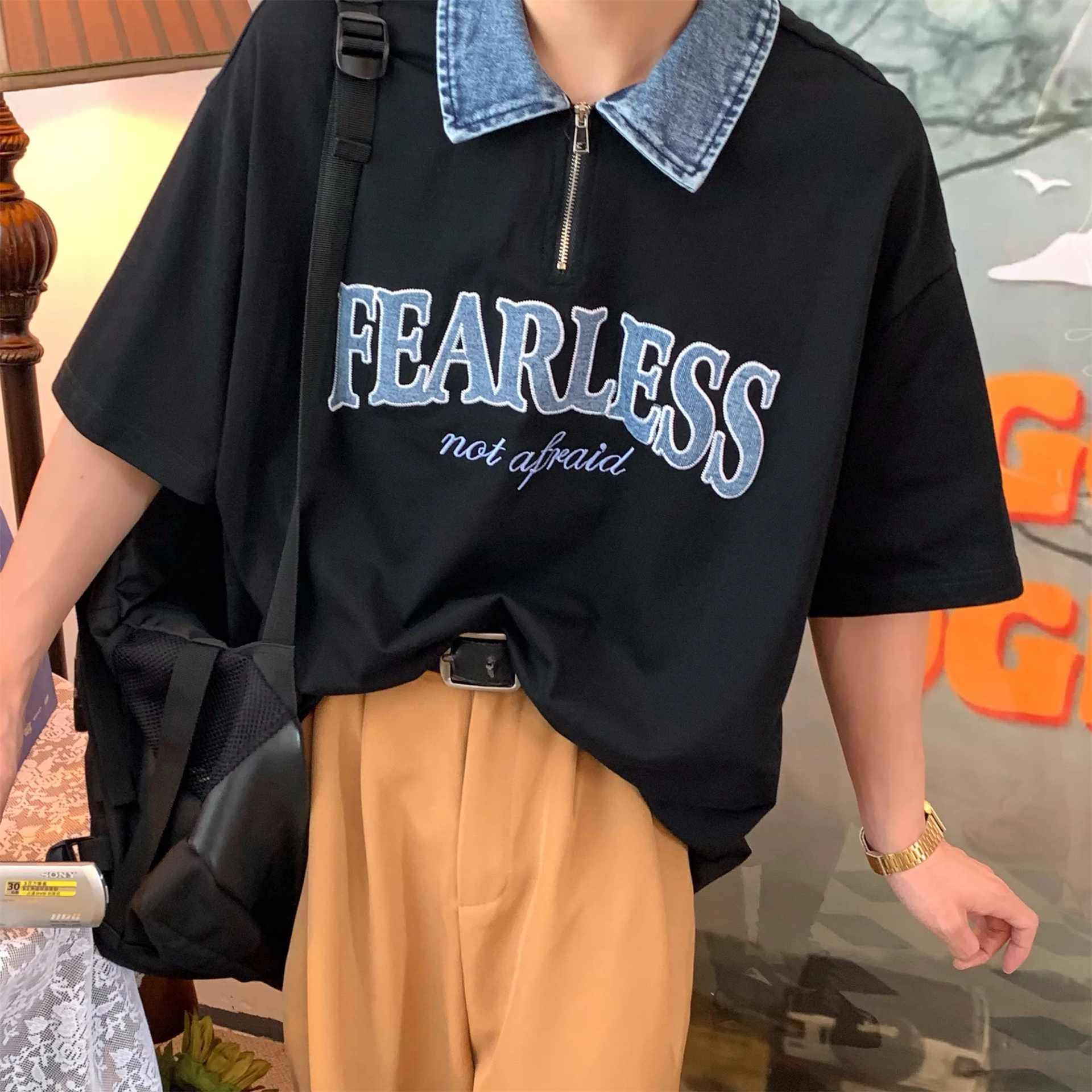 カップルペアルック デニム襟 FEARLESSロゴ ハーフジップシャツ