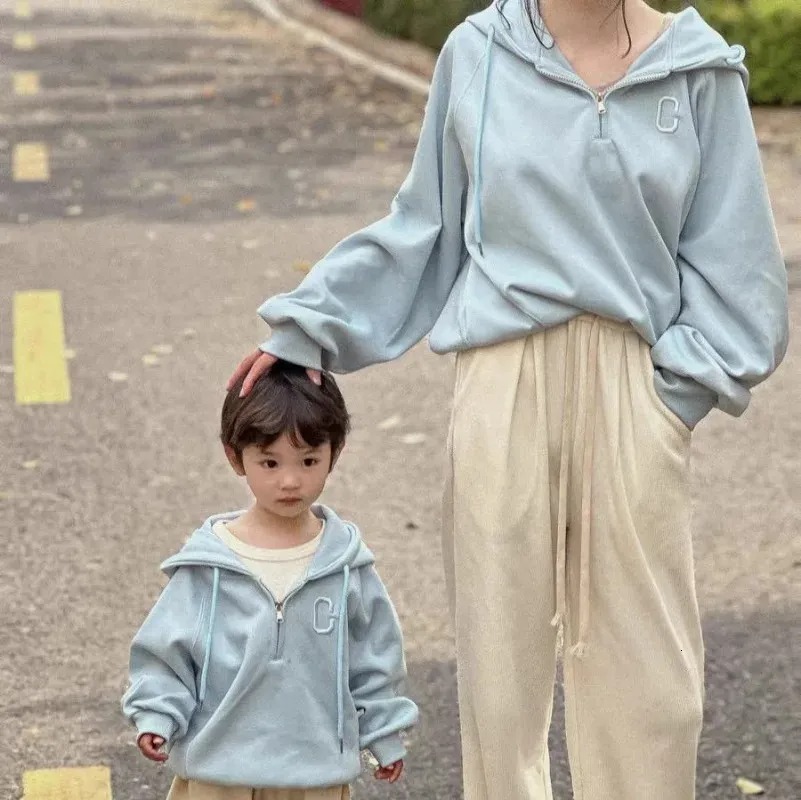 親子ペアルック ミントグリーン ハーフジップパーカー