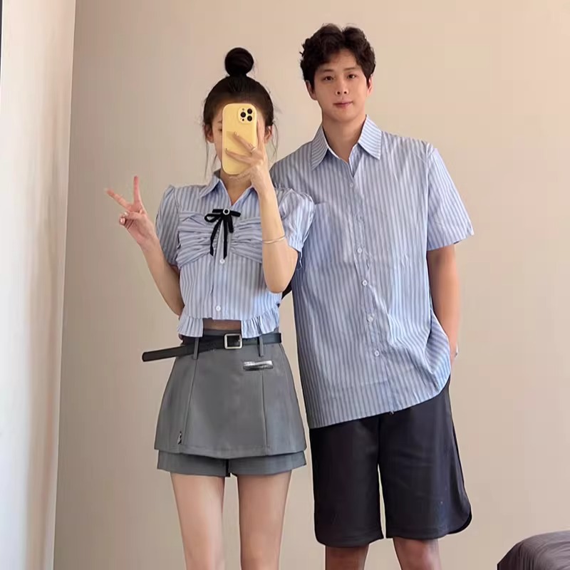 ペアルック 韓国カレッジ風ブルーストライプ半袖シャツ&ウエストスリムスカート