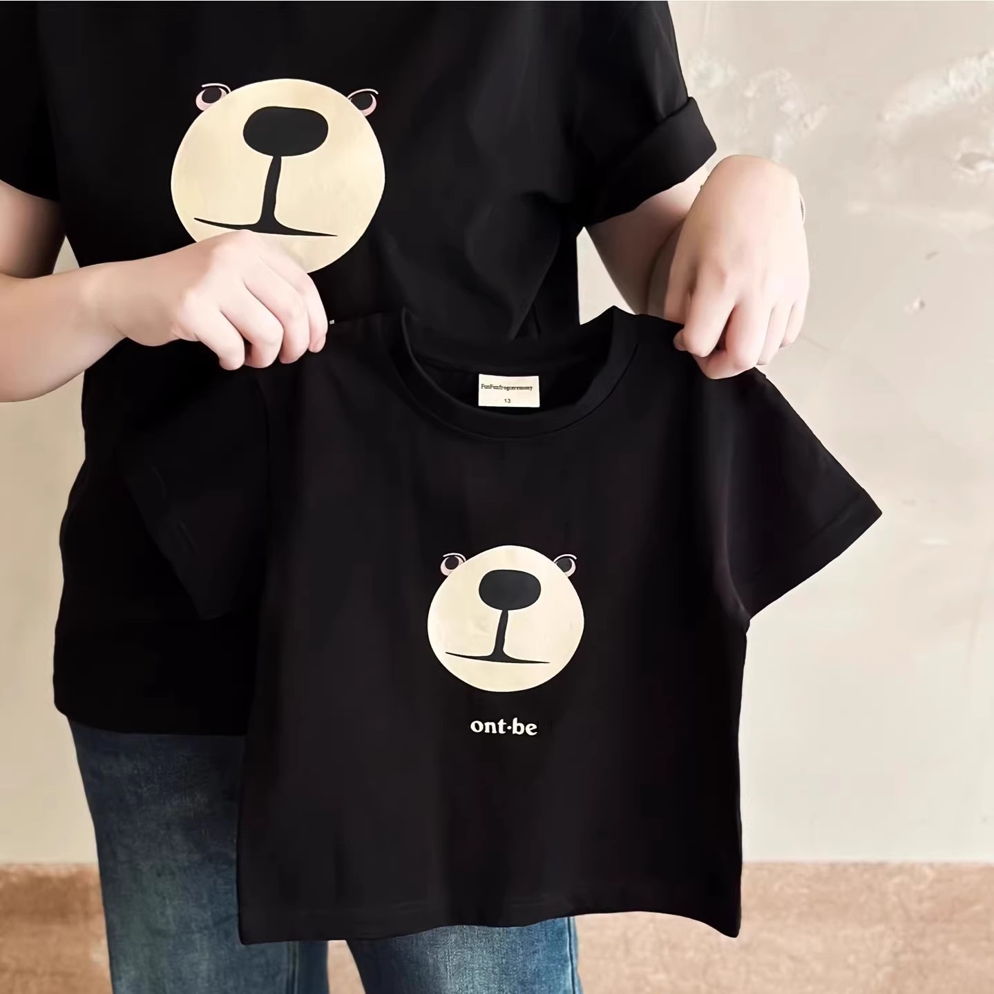 親子ペアルック モノトーン・アニマルフェイスTシャツ