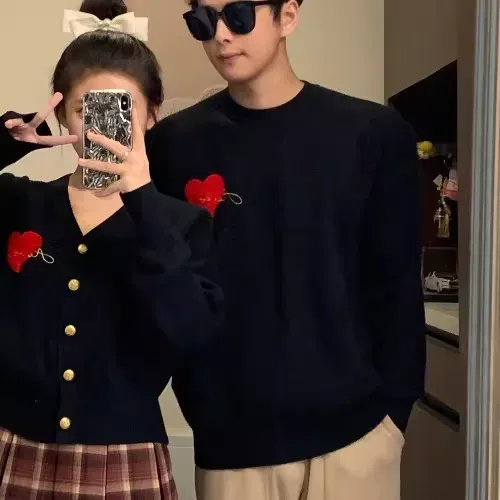 カップルペアルック ハート刺繍ニット・カーディガン