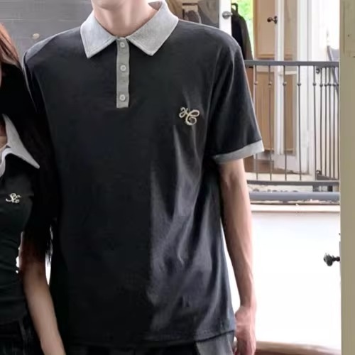 カップルペアルック クラシックグレー バイカラーポロトップス