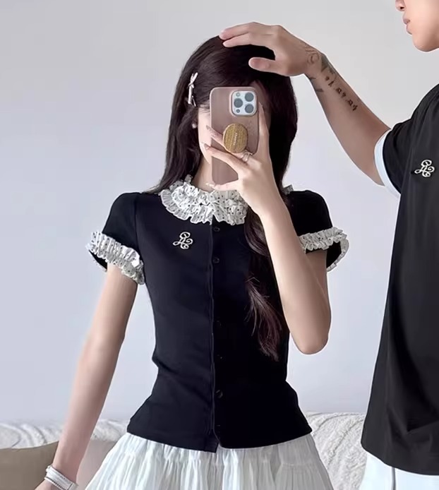 カップルペアルック フレンチレトロ レース襟トップス＆モノトーン配色Tシャツ 