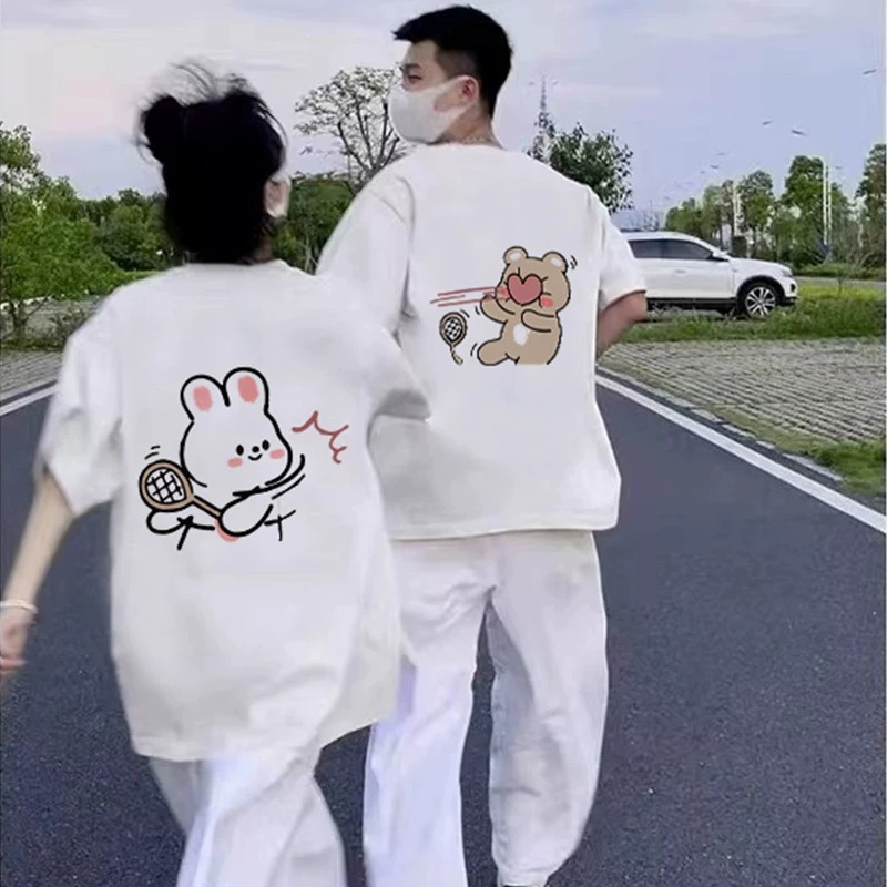 カップルペアルック うさぎ＆くま ハートのラリーTシャツ