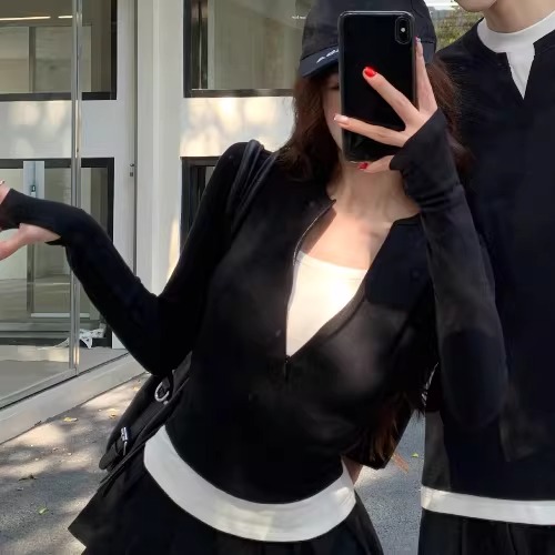 カップルペアルック レイヤード風 ロングTシャツ