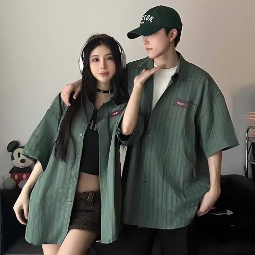 ペアルック ヴィンテージ風 モスグリーン ピンストライプ シャツ