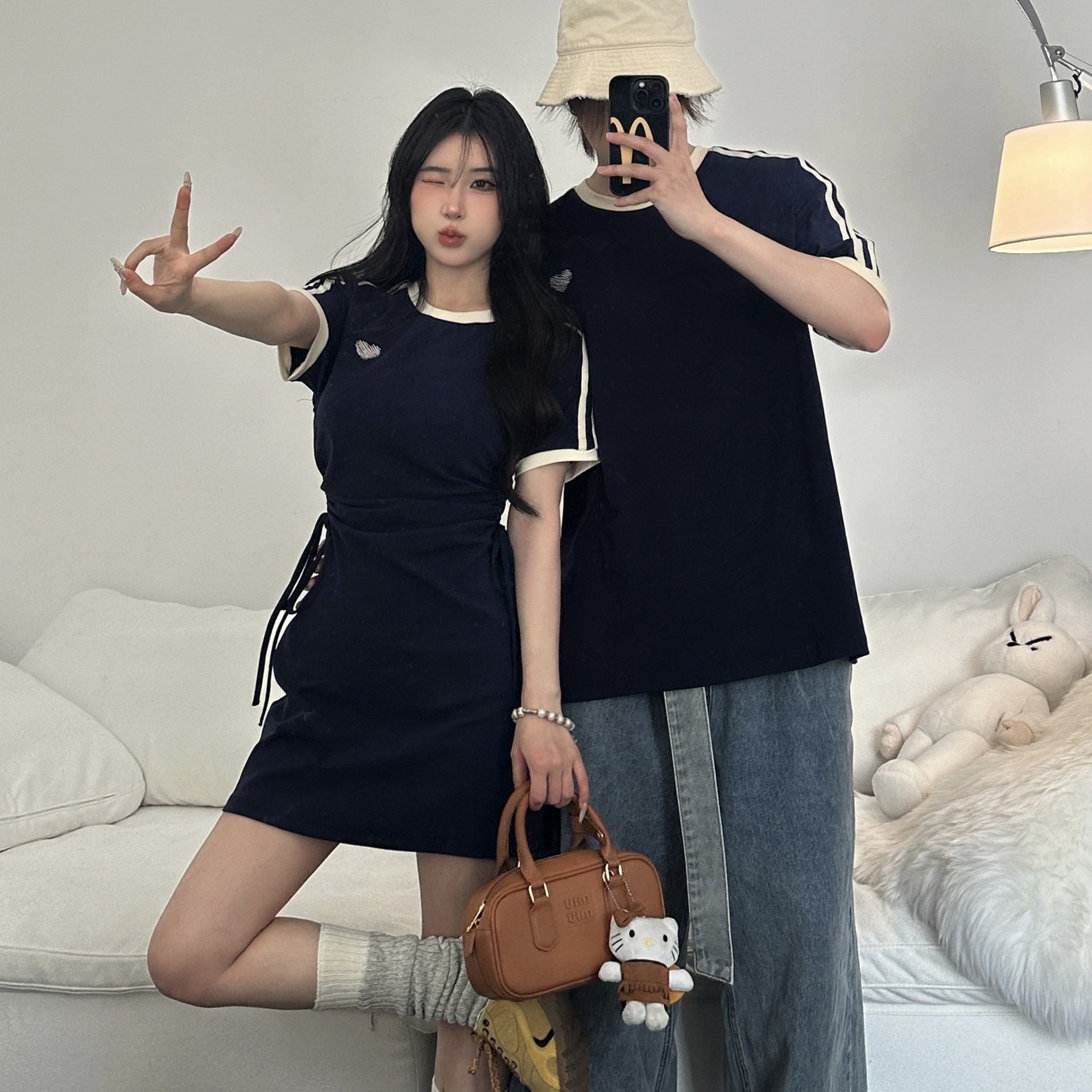 カップルペアルック クラシックネイビー ハートライン Tシャツ・ワンピース