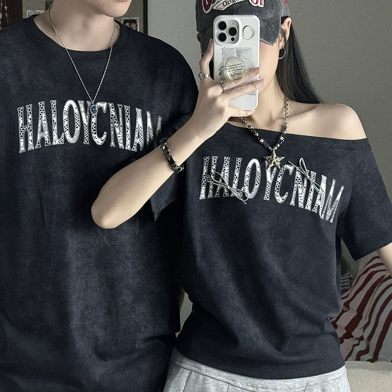 カップルペアルック ヴィンテージムード オフショル×ゆるシルエットTシャツ