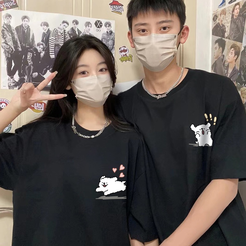 カップルペアルック 犬とハートのアートラインTシャツ