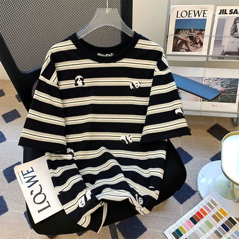 親子ペアルック ころころパンダのモノトーンボーダーTシャツ