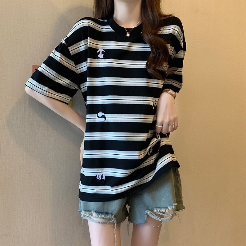 親子ペアルック ころころパンダのモノトーンボーダーTシャツ