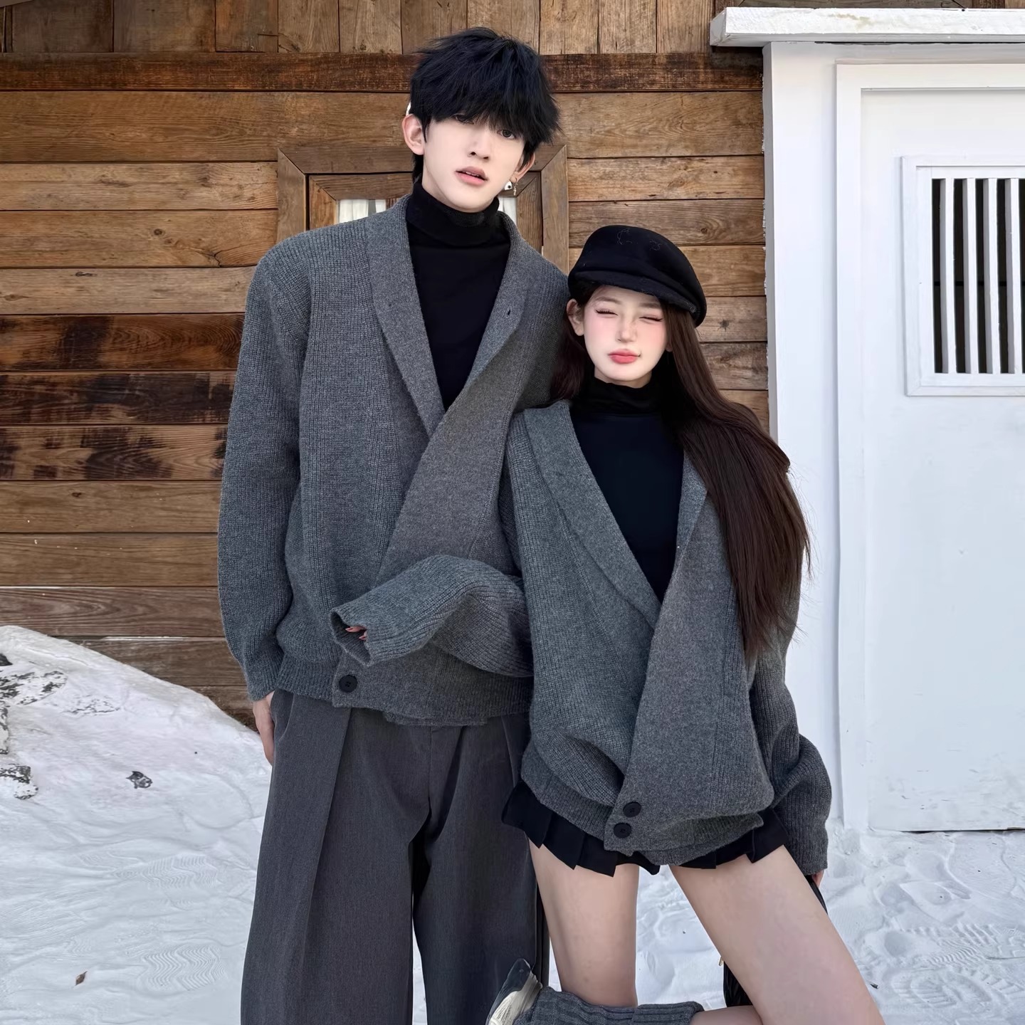 カップルペアルック ショールカラー クラシカルニットカーディガン