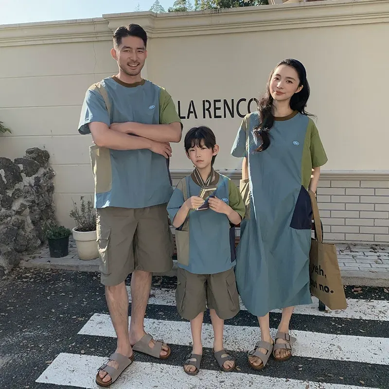 親子ペアルック 速乾 カラーブロック 半袖Tシャツ ワンピース