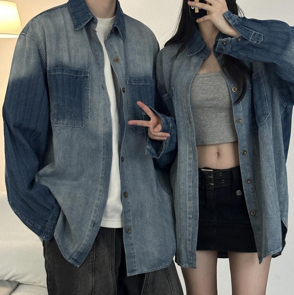 カップルペアルック グラデーション×ヴィンテージ加工 デニムシャツ
