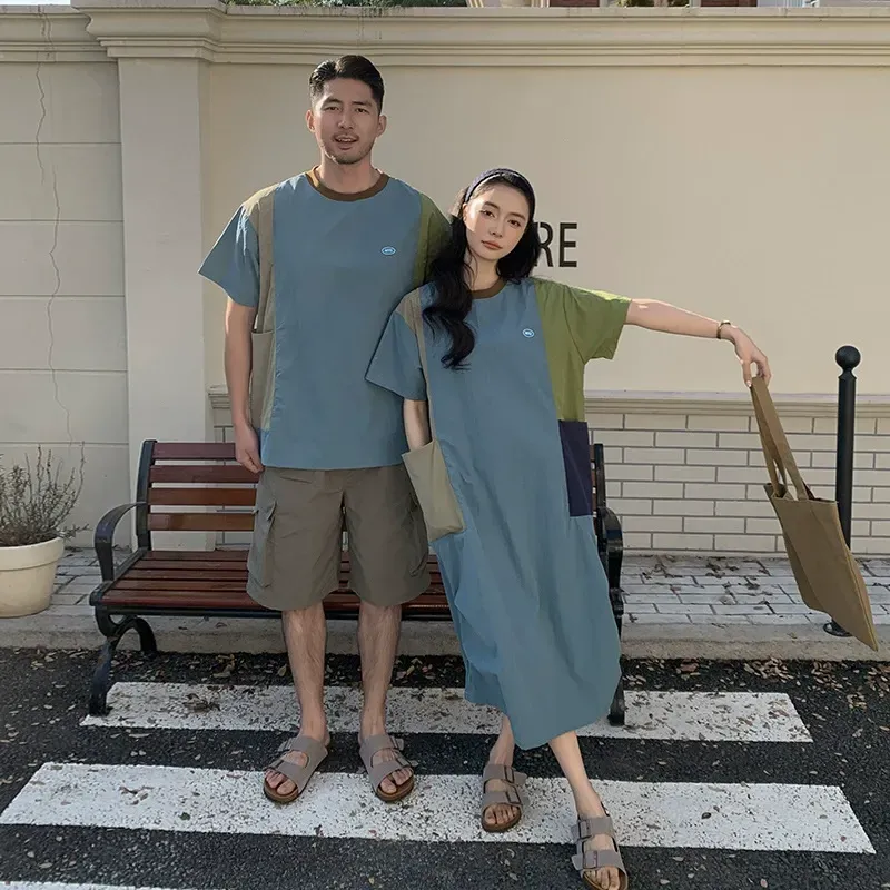 親子ペアルック 速乾 カラーブロック 半袖Tシャツ ワンピース