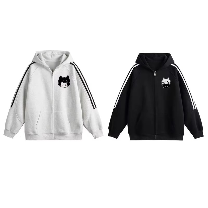 カップルペアルック 寄り添う白黒キャット ジップパーカー