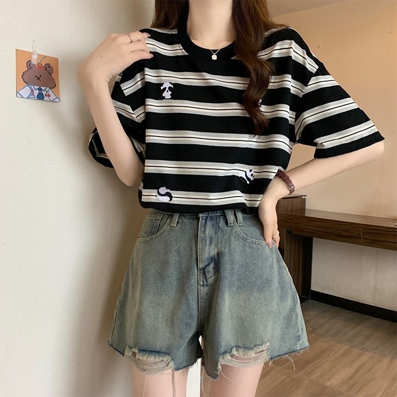 親子ペアルック ころころパンダのモノトーンボーダーTシャツ