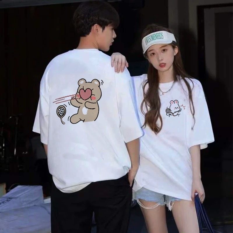 カップルペアルック うさぎ＆くま ハートのラリーTシャツ