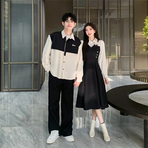 ペアルック フランス風ステッチワンピ＆メンズ長袖シャツ（スクール風）