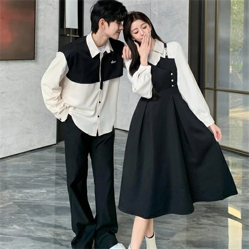 ペアルック フランス風ステッチワンピ＆メンズ長袖シャツ（スクール風）