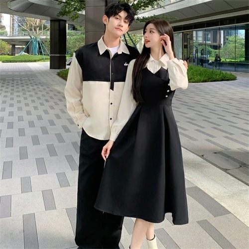 ペアルック フランス風ステッチワンピ＆メンズ長袖シャツ（スクール風）