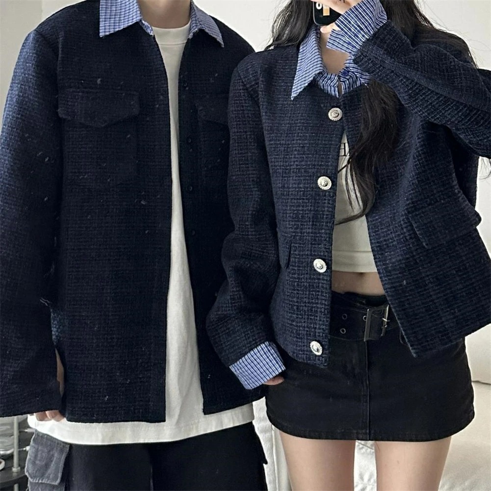 カップルペアルック ネイビーツイード レイヤード風ジャケット