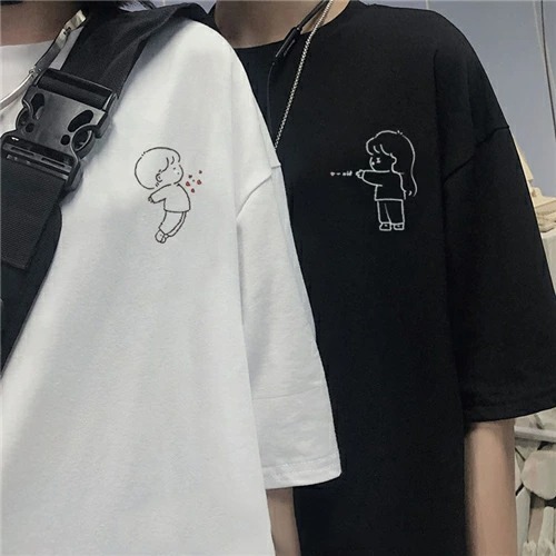【2点セット】カップルペアルック ハート・ショット リンクTシャツ