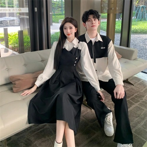 ペアルック フランス風ステッチワンピ＆メンズ長袖シャツ（スクール風）