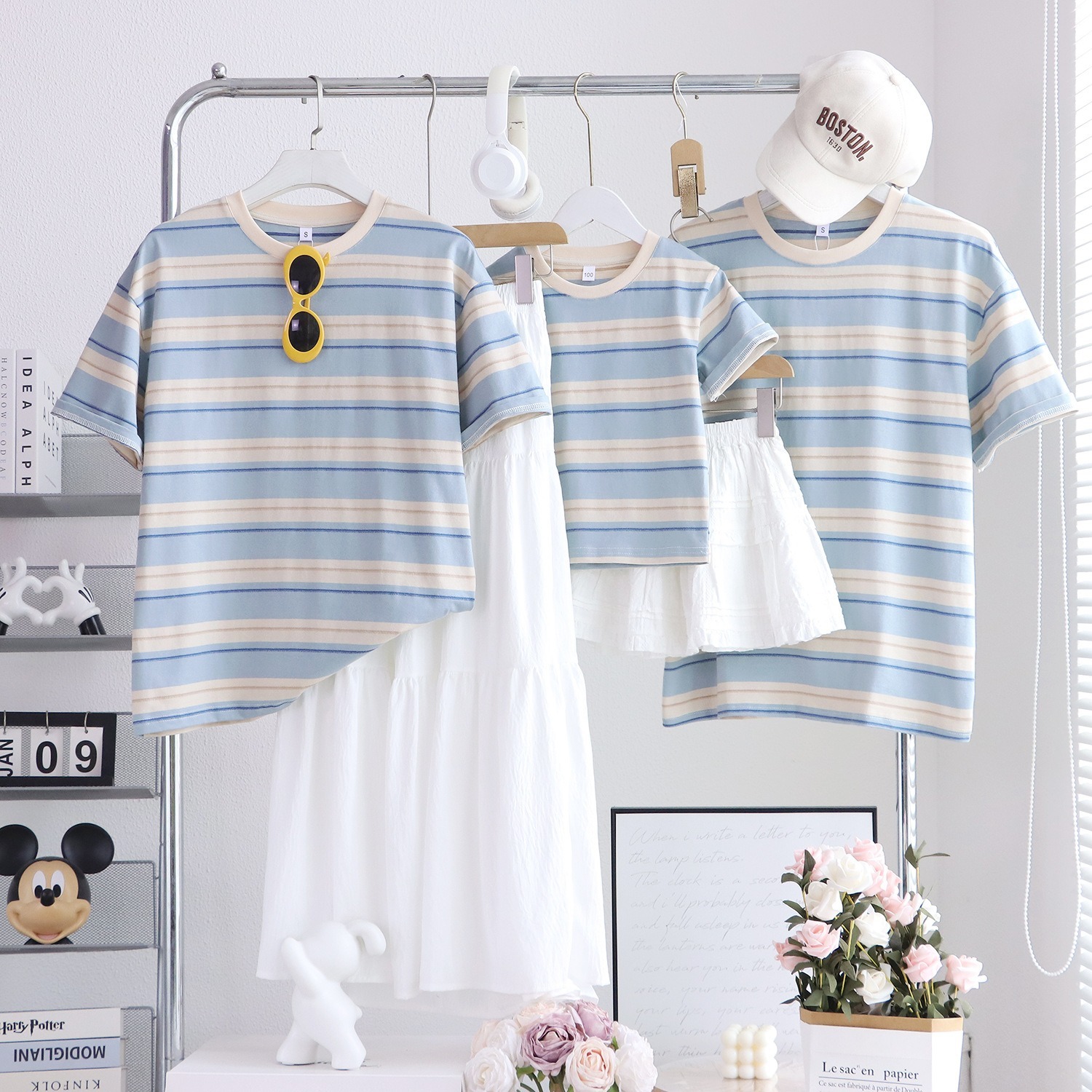 親子ペアルック 爽やかペールブルー ボーダーTシャツ＆ロンパース