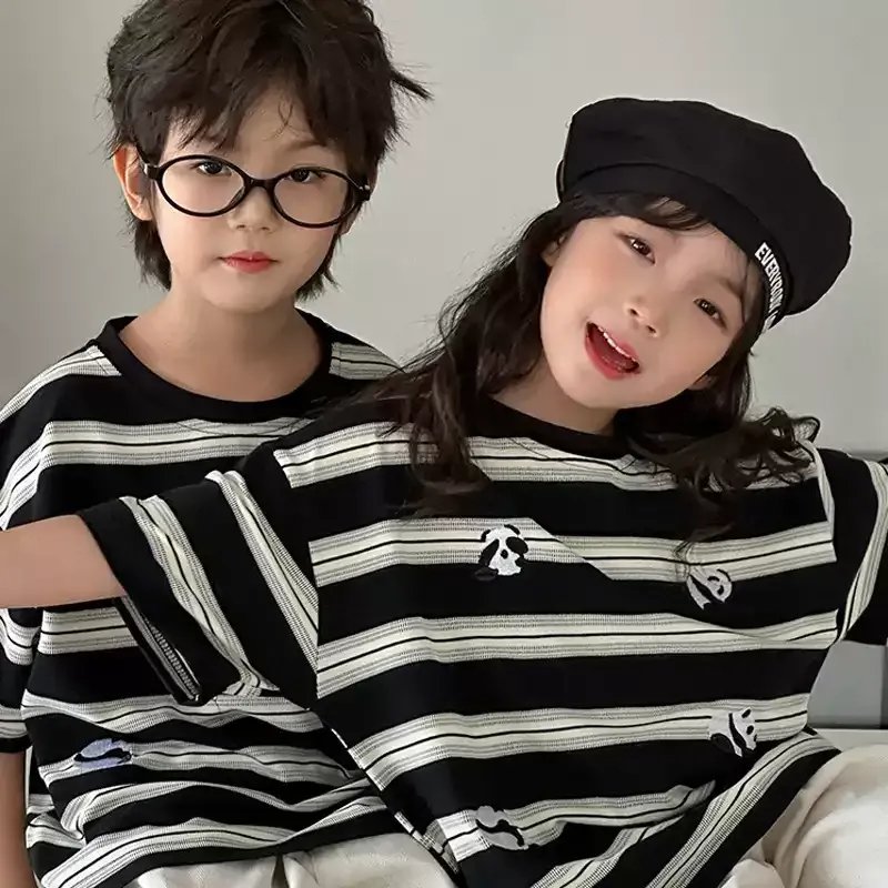 親子ペアルック ころころパンダのモノトーンボーダーTシャツ
