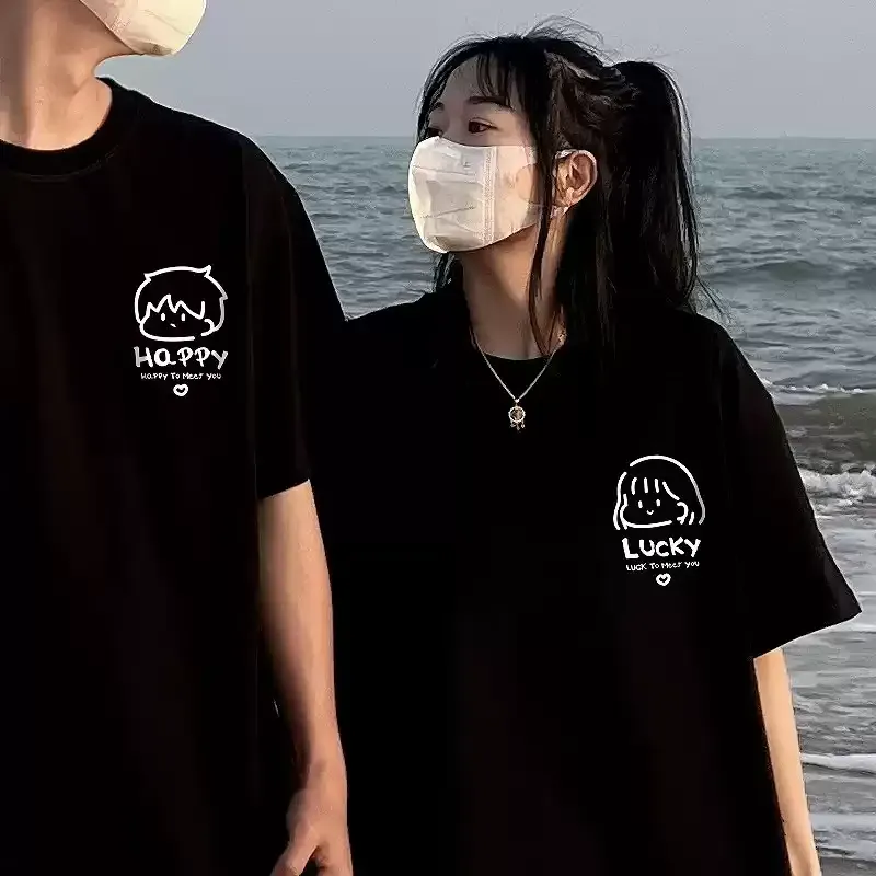 【2点セット】カップルペアルック LUCKY & HAPPY ゆるかわTシャツ