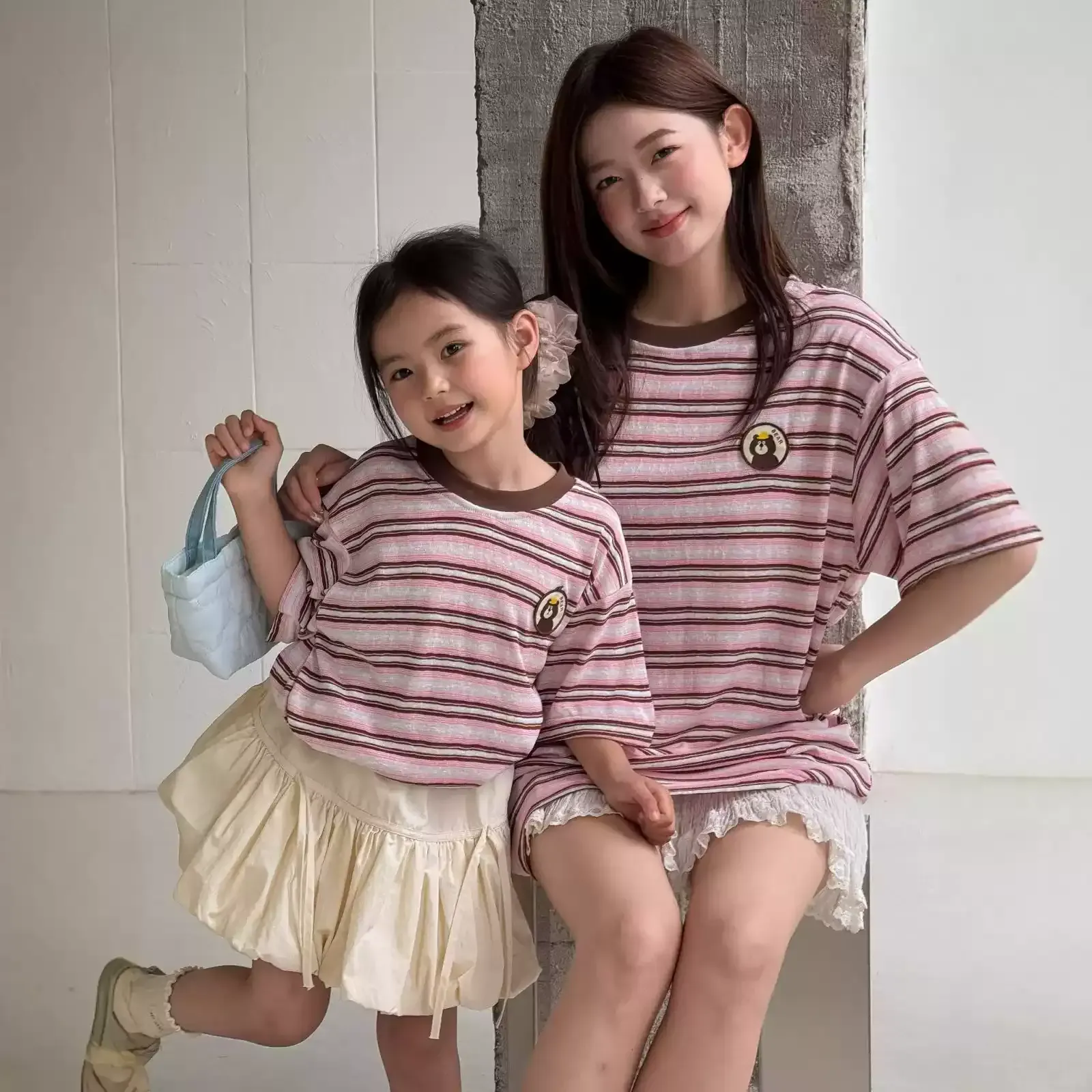 親子ペアルック くまさんワッペンのリラックスボーダーTシャツ