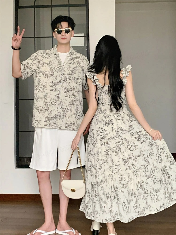 カップルペアルック 淡色ボタニカル シャツ＆ワンピース