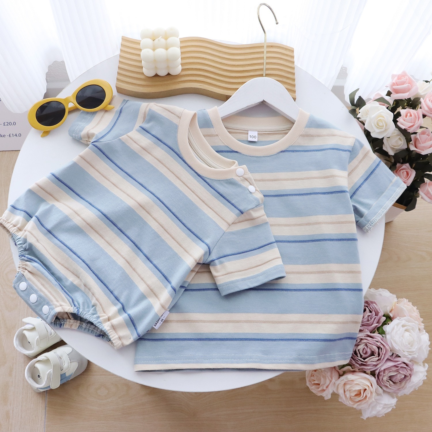 親子ペアルック 爽やかペールブルー ボーダーTシャツ＆ロンパース