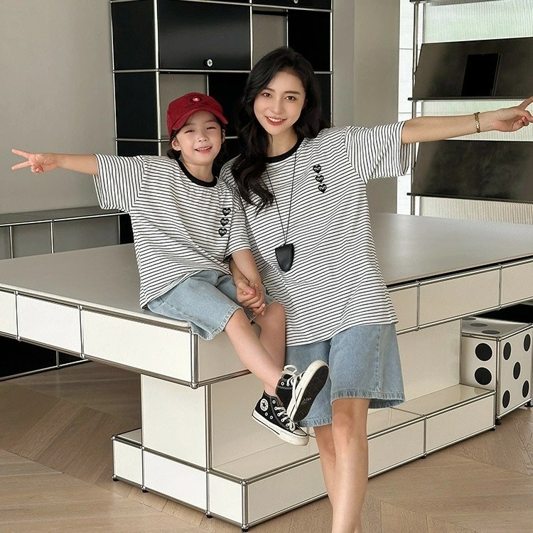 親子ペアルック 3連ハート×細ボーダー Tシャツ