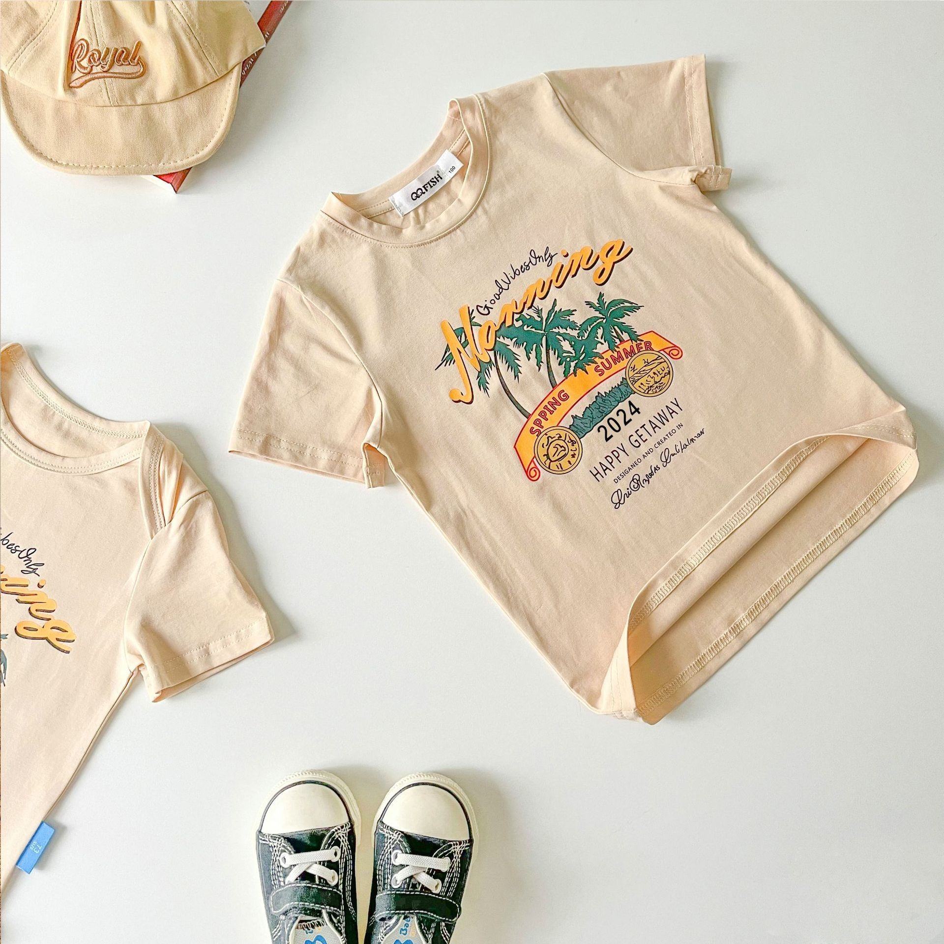 親子ペアルック  サマーリゾートプリント Tシャツ＆ロンパース