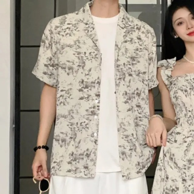 カップルペアルック 淡色ボタニカル シャツ＆ワンピース