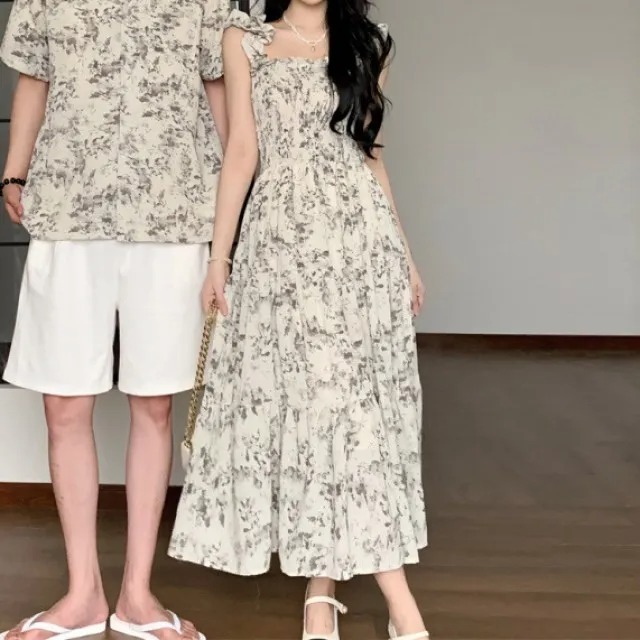 カップルペアルック 淡色ボタニカル シャツ＆ワンピース