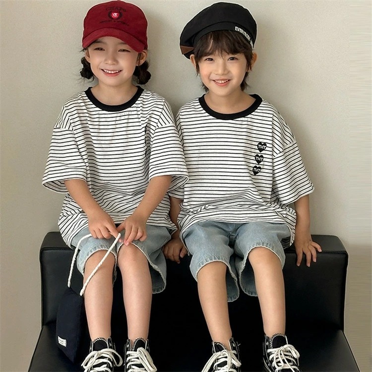 親子ペアルック 3連ハート×細ボーダー Tシャツ