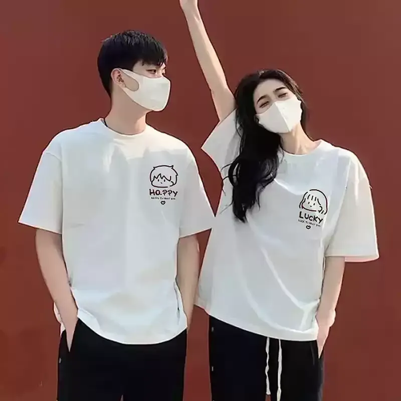 【2点セット】カップルペアルック LUCKY & HAPPY ゆるかわTシャツ