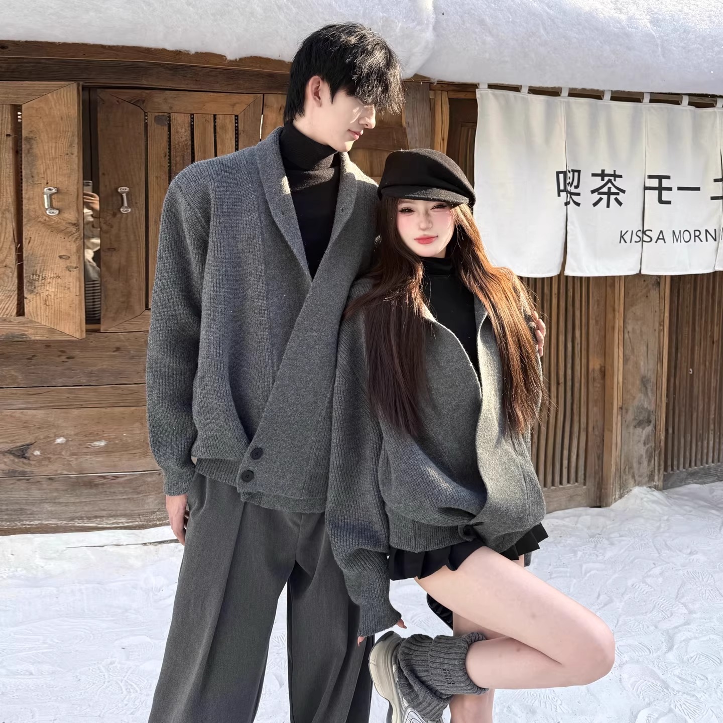 カップルペアルック ショールカラー クラシカルニットカーディガン