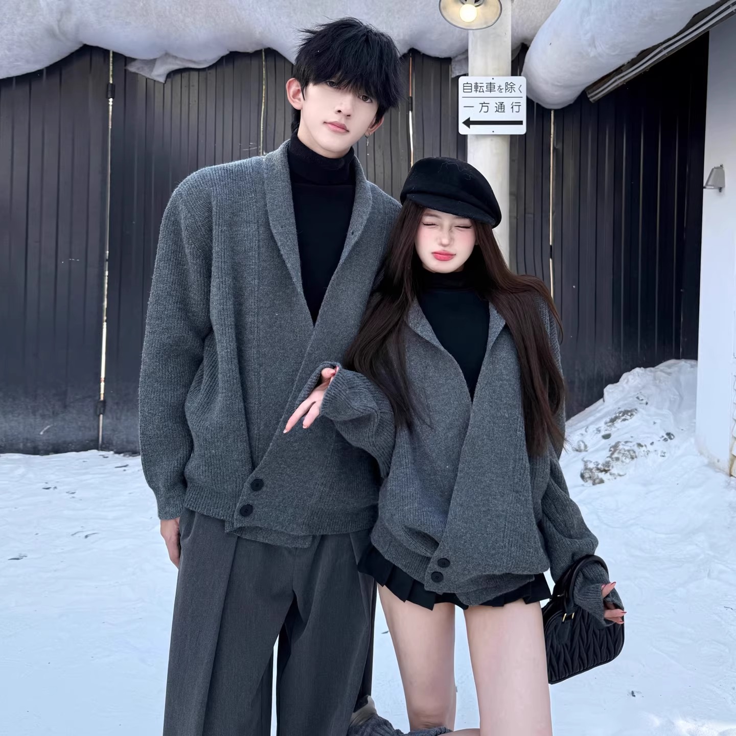 カップルペアルック ショールカラー クラシカルニットカーディガン