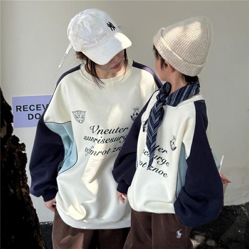 親子ペアルック バイカラーサイドライン ロゴトレーナー