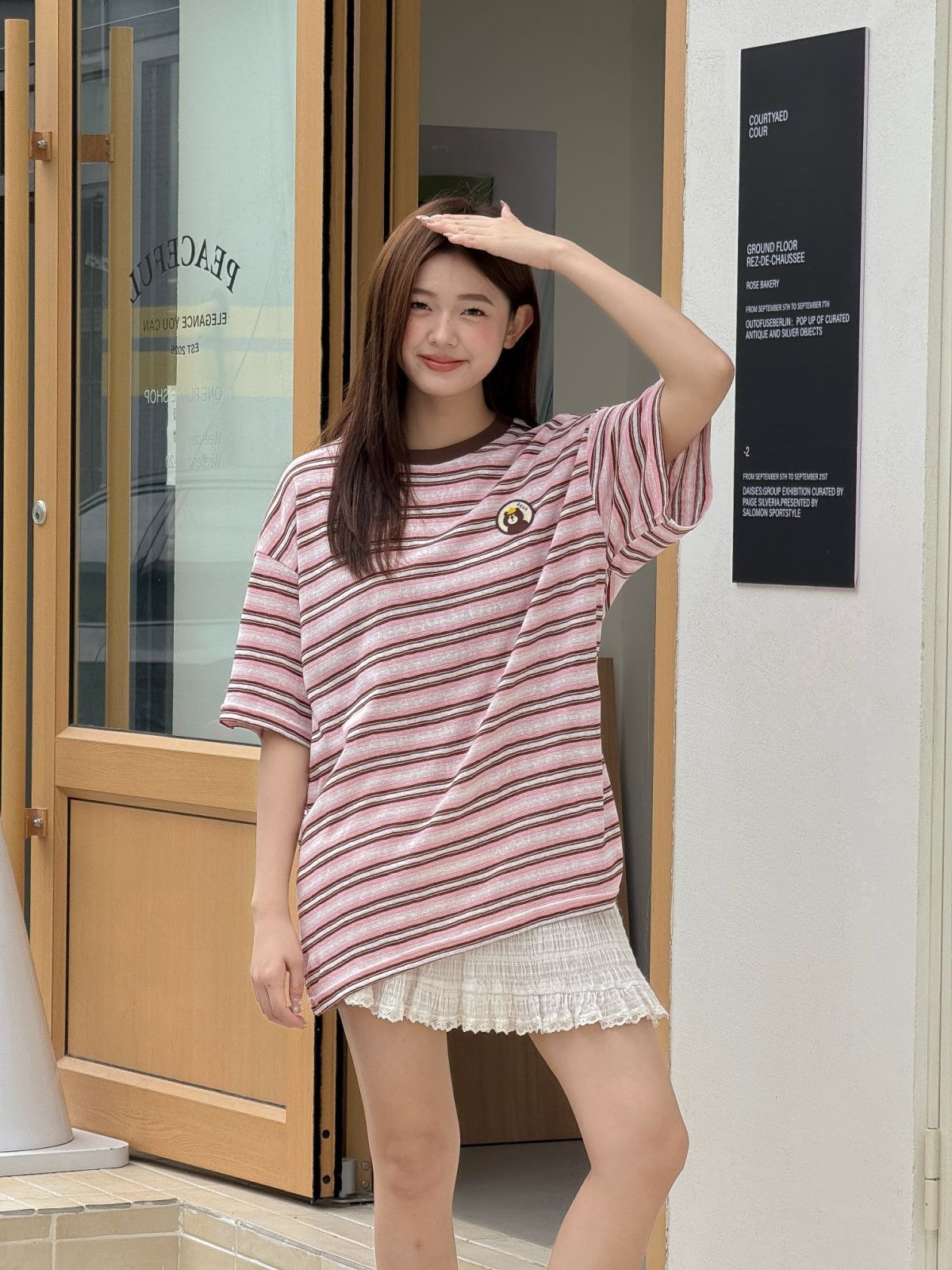 親子ペアルック くまさんワッペンのリラックスボーダーTシャツ