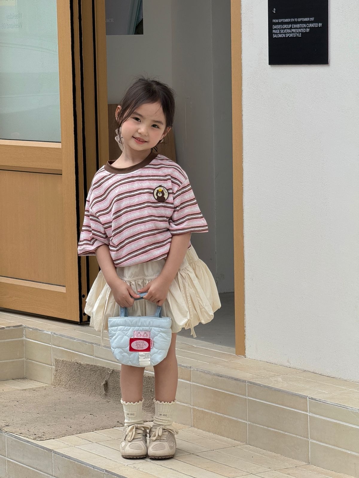 親子ペアルック くまさんワッペンのリラックスボーダーTシャツ